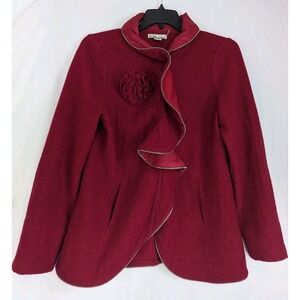 Nikki Valenti Wool Jacket Womens Extra Large Red Ruffled Snaps Zippered Trim